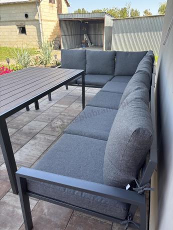 Duży narożnik ogrodowy metalowy 294x184cm Sodor Corner XXL z 2 fotelami, 2 pufami i stołem 160cm - Dark Grey Polywood