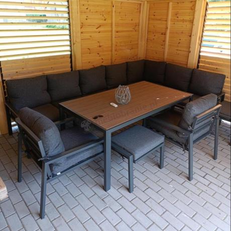 Duży narożnik ogrodowy metalowy 294x184cm Sodor Corner XXL z 2 fotelami, 2 pufami i stołem 160cm - Dark Grey Polywood