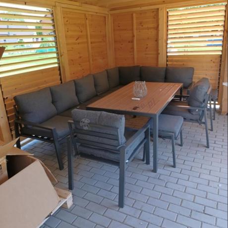 Duży narożnik ogrodowy metalowy 294x184cm Sodor Corner XXL z 2 fotelami, 2 pufami i stołem 160cm - Dark Grey Polywood