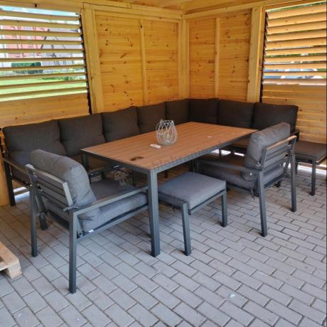 Duży narożnik ogrodowy metalowy 294x184cm Sodor Corner XXL z 2 fotelami, 2 pufami i stołem 160cm - Dark Grey Polywood