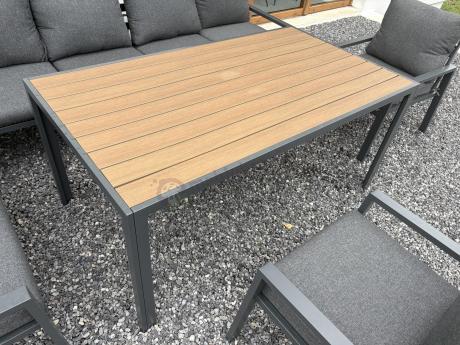 Duży narożnik ogrodowy metalowy 294x184cm Sodor Corner XXL z 2 fotelami, 2 pufami i stołem 160cm - Dark Grey Polywood