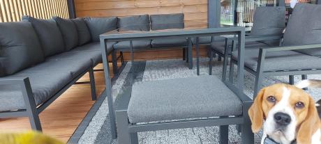 Duży narożnik ogrodowy metalowy Sodor Corner XXL z fotelami, pufami i stołem 160cm - Dark Grey