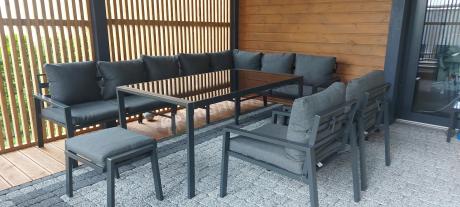 Duży narożnik ogrodowy metalowy Sodor Corner XXL z fotelami, pufami i stołem 160cm - Dark Grey