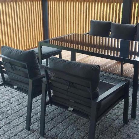 Duży narożnik ogrodowy metalowy Sodor Corner XXL z fotelami, pufami i stołem 160cm - Dark Grey