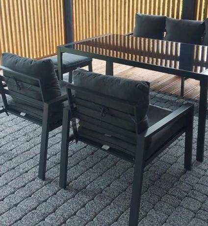 Duży narożnik ogrodowy metalowy Sodor Corner XXL z fotelami, pufami i stołem 160cm - Dark Grey