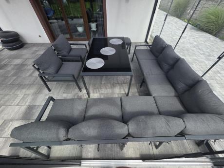 Duży narożnik ogrodowy metalowy Sodor Corner XXL z fotelami, pufami i stołem 160cm - Dark Grey