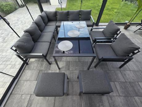 Duży narożnik ogrodowy metalowy Sodor Corner XXL z fotelami, pufami i stołem 160cm - Dark Grey
