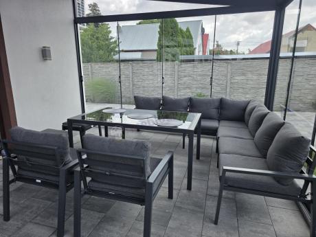 Duży narożnik ogrodowy metalowy Sodor Corner XXL z fotelami, pufami i stołem 160cm - Dark Grey