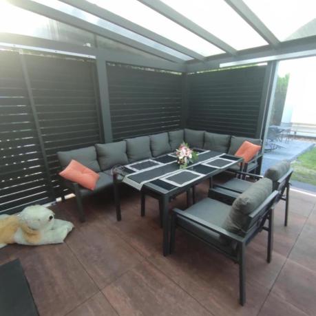 Duży narożnik ogrodowy metalowy Sodor Corner XXL z fotelami, pufami i stołem 160cm - Dark Grey