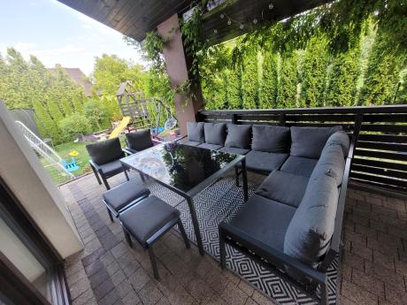 Duży narożnik ogrodowy metalowy Sodor Corner XXL z fotelami, pufami i stołem 160cm - Dark Grey