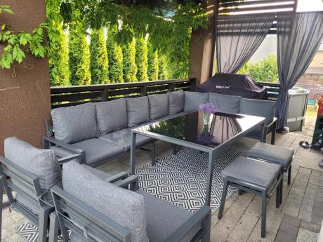 Duży narożnik ogrodowy metalowy Sodor Corner XXL z fotelami, pufami i stołem 160cm - Dark Grey