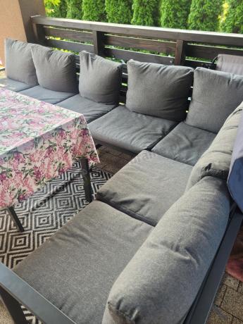 Duży narożnik ogrodowy metalowy Sodor Corner XXL z fotelami, pufami i stołem 160cm - Dark Grey