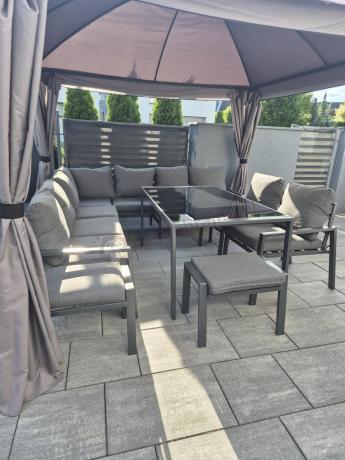 Duży narożnik ogrodowy metalowy Sodor Corner XXL z fotelami, pufami i stołem 160cm - Dark Grey