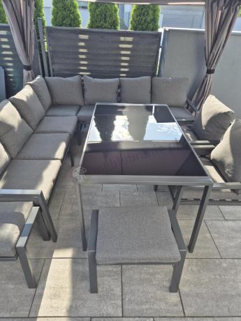 Duży narożnik ogrodowy metalowy Sodor Corner XXL z fotelami, pufami i stołem 160cm - Dark Grey