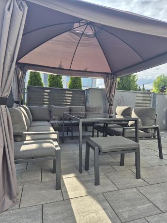 Duży narożnik ogrodowy metalowy Sodor Corner XXL z fotelami, pufami i stołem 160cm - Dark Grey