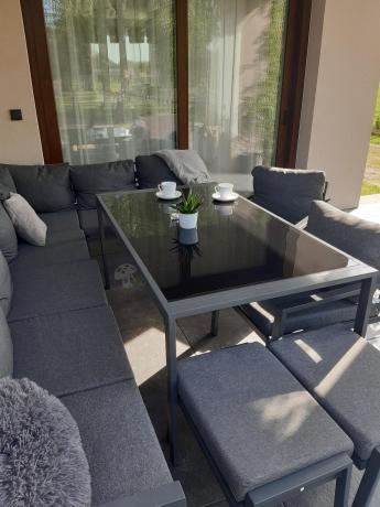 Duży narożnik ogrodowy metalowy Sodor Corner XXL z fotelami, pufami i stołem 160cm - Dark Grey