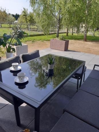 Duży narożnik ogrodowy metalowy Sodor Corner XXL z fotelami, pufami i stołem 160cm - Dark Grey
