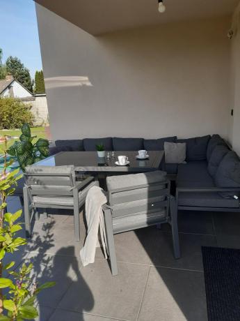 Duży narożnik ogrodowy metalowy Sodor Corner XXL z fotelami, pufami i stołem 160cm - Dark Grey