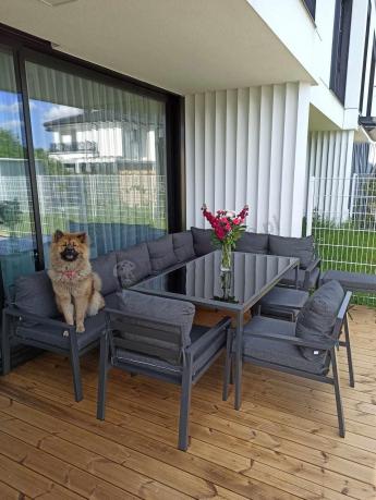 Duży narożnik ogrodowy metalowy Sodor Corner XXL z fotelami, pufami i stołem 160cm - Dark Grey