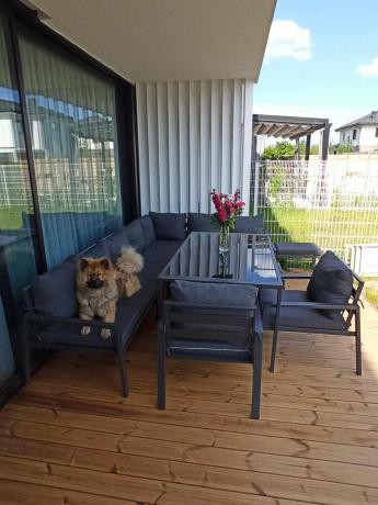 Duży narożnik ogrodowy metalowy Sodor Corner XXL z fotelami, pufami i stołem 160cm - Dark Grey