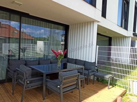 Duży narożnik ogrodowy metalowy Sodor Corner XXL z fotelami, pufami i stołem 160cm - Dark Grey