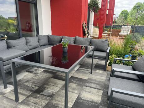 Duży narożnik ogrodowy metalowy Sodor Corner XXL z fotelami, pufami i stołem 160cm - Dark Grey