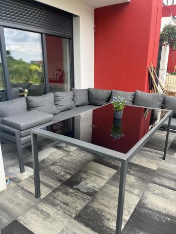 Duży narożnik ogrodowy metalowy Sodor Corner XXL z fotelami, pufami i stołem 160cm - Dark Grey