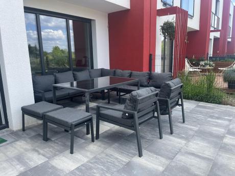 Duży narożnik ogrodowy metalowy Sodor Corner XXL z fotelami, pufami i stołem 160cm - Dark Grey