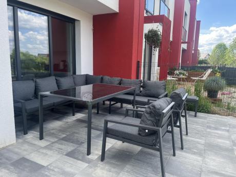 Duży narożnik ogrodowy metalowy Sodor Corner XXL z fotelami, pufami i stołem 160cm - Dark Grey