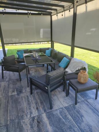 Duży narożnik ogrodowy metalowy Sodor Corner XXL z fotelami, pufami i stołem 160cm - Dark Grey