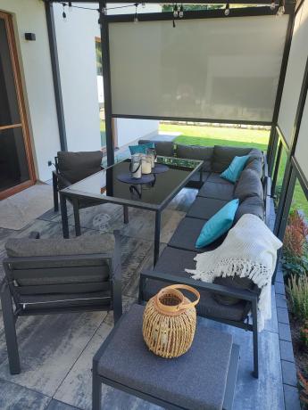 Duży narożnik ogrodowy metalowy Sodor Corner XXL z fotelami, pufami i stołem 160cm - Dark Grey