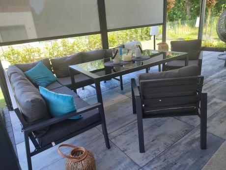 Duży narożnik ogrodowy metalowy Sodor Corner XXL z fotelami, pufami i stołem 160cm - Dark Grey