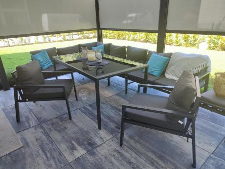 Duży narożnik ogrodowy metalowy Sodor Corner XXL z fotelami, pufami i stołem 160cm - Dark Grey