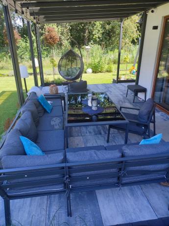 Duży narożnik ogrodowy metalowy Sodor Corner XXL z fotelami, pufami i stołem 160cm - Dark Grey