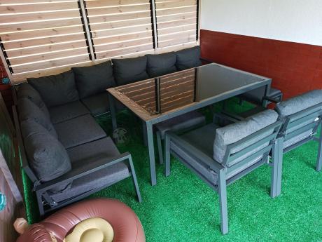 Duży narożnik ogrodowy metalowy Sodor Corner XXL z fotelami, pufami i stołem 160cm - Dark Grey