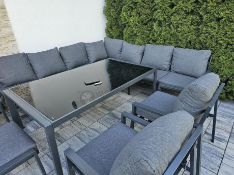 Duży narożnik ogrodowy metalowy Sodor Corner XXL z fotelami, pufami i stołem 160cm - Dark Grey