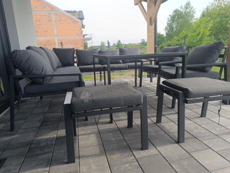 Duży narożnik ogrodowy metalowy Sodor Corner XXL z fotelami, pufami i stołem 160cm - Dark Grey