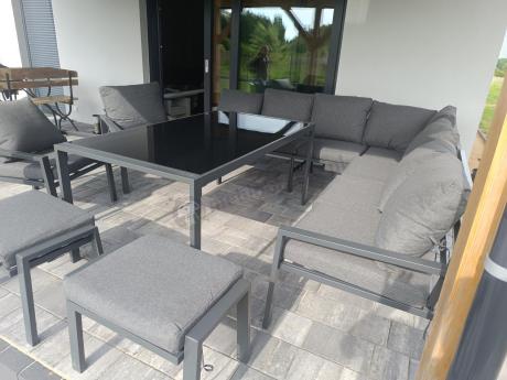 Duży narożnik ogrodowy metalowy Sodor Corner XXL z fotelami, pufami i stołem 160cm - Dark Grey