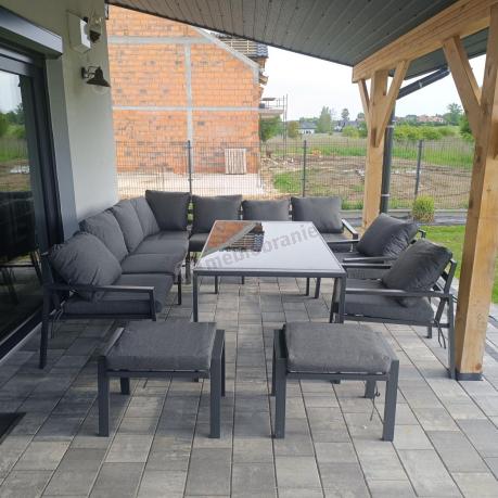 Duży narożnik ogrodowy metalowy Sodor Corner XXL z fotelami, pufami i stołem 160cm - Dark Grey