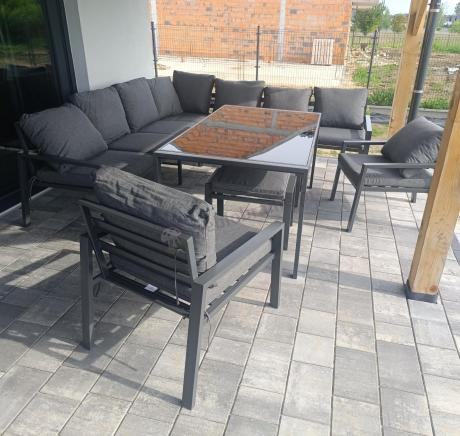 Duży narożnik ogrodowy metalowy Sodor Corner XXL z fotelami, pufami i stołem 160cm - Dark Grey