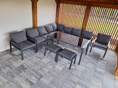 Duży narożnik ogrodowy metalowy Sodor Corner XXL z fotelami, pufami i stołem 160cm - Dark Grey