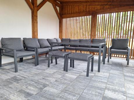 Duży narożnik ogrodowy metalowy Sodor Corner XXL z fotelami, pufami i stołem 160cm - Dark Grey