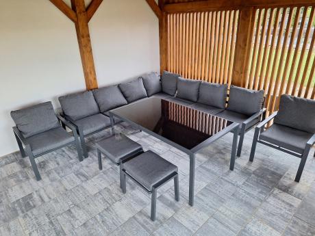 Duży narożnik ogrodowy metalowy Sodor Corner XXL z fotelami, pufami i stołem 160cm - Dark Grey