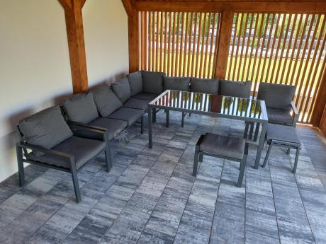 Duży narożnik ogrodowy metalowy Sodor Corner XXL z fotelami, pufami i stołem 160cm - Dark Grey