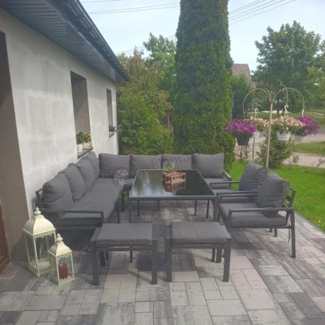 Duży narożnik ogrodowy metalowy Sodor Corner XXL z fotelami, pufami i stołem 160cm - Dark Grey