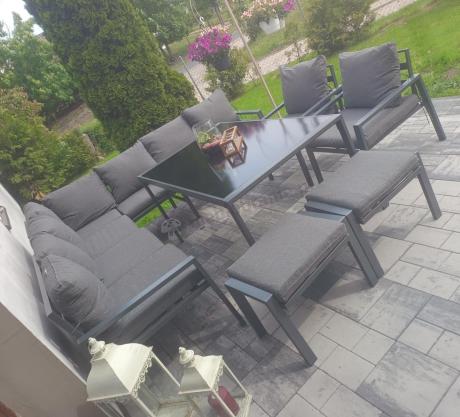 Duży narożnik ogrodowy metalowy Sodor Corner XXL z fotelami, pufami i stołem 160cm - Dark Grey