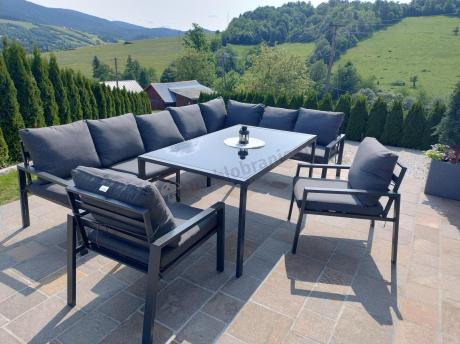 Duży narożnik ogrodowy metalowy Sodor Corner XXL z fotelami, pufami i stołem 160cm - Dark Grey
