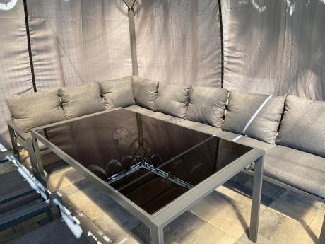 Duży narożnik ogrodowy metalowy Sodor Corner XXL z fotelami, pufami i stołem 160cm - Dark Grey