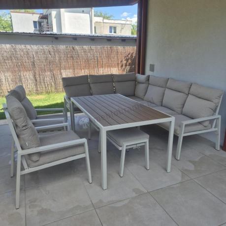 Duży narożnik ogrodowy wysokie oparcia z fotelami, pufami i stołem obiadowym 160cm Doros Corner XL - Polywood Cream