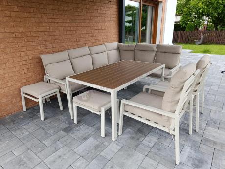 Duży narożnik ogrodowy wysokie oparcia z fotelami, pufami i stołem obiadowym 160cm Doros Corner XL - Polywood Cream